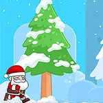 Santa Claus v červeném obleku běží zasněženou krajinou s vánočními stromy a hvězdou na obloze