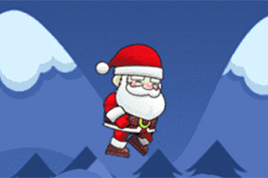 Santa Claus v červeném obleku skáče na modrém pozadí s horskými motivy