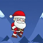 Santa Claus v červeném obleku skáče na modrém pozadí s horskými motivy
