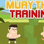 Dva animovaní bojovníci Muay Thai cvičí v přírodním prostředí s nápisem Muay Thai Training nahoře