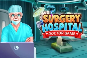 Starší lékař v modrém operačním oblečení stojí vedle loga s nápisem „Surgery Hospital Doctor Game“ v nemocničním prostředí