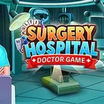Starší lékař v modrém operačním oblečení stojí vedle loga s nápisem „Surgery Hospital Doctor Game“ v nemocničním prostředí