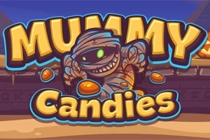 Mumie s cukrovinkami a nápisem Mummy Candies na pozadí s hieroglyfy