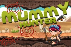 Nápis MUMMY HUNTER s obrázkem postavy s červenými vlasy a ochrannými brýlemi, držící zbraň na pozadí pouštní krajiny s ruinami
