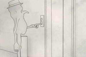 Postava v klobouku stiskává tlačítko výtahu
