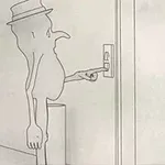 Postava v klobouku stiskává tlačítko výtahu