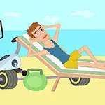 Muž leží na lehátku na pláži obklopený činkami a činkovou tyčí s výhledem na moře