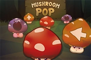 Barevné houby s obličeji a šipkami na kloboucích stojí na lesní mýtině s nápisem Mushroom Pop v pozadí