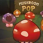 Barevné houby s obličeji a šipkami na kloboucích stojí na lesní mýtině s nápisem Mushroom Pop v pozadí