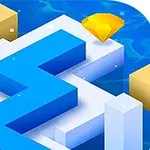 Modrá klikatá cesta s geometrickými tvary a zlatým drahokamem nahoře