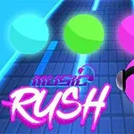 Barevné koule na dráze s nápisem Music Rush ve fialovém gradientu, růžová koule má sluchátka