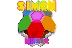 Barevný šestiúhelník se slovem SIMON nahoře a MUSIC dole