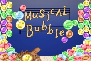 Barevné bubliny s hudebními symboly kolem nápisu Musical Bubble na modrém pozadí