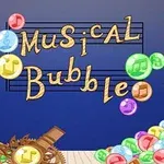 Barevné bubliny s hudebními symboly kolem nápisu Musical Bubble na modrém pozadí