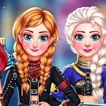 Tři animované dívky s barevnými účesy a oblečením pózují ve futuristickém stylu