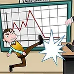 Muž v kanceláři kope do šéfa, který padá z pracovního stolu, s grafem prodeje na zdi v pozadí