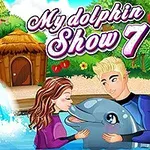 Dva lidé u bazénu s delfínem, v pozadí tropická krajina s barevným ptákem na stromě