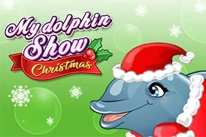 Delfín s červenou čepicí Santa Clause na zeleném pozadí se sněhovými vločkami a nápisem My dolphin Show Christmas