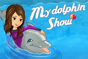 Mladá žena v purpurovém oblečení objímá delfína ve vodě vedle nápisu My dolphin Show