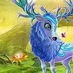 Modrý magický jelen s okrasnými parohy stojí na krásné lesní mýtině s květinami a motýly
