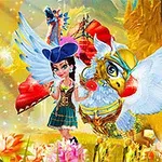 Žena v pirátském oblečení stojí vedle okřídleného tvora v barevném magickém prostředí s květinami