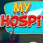 Barevný nápis My Hospital s ilustracemi stetoskopu, injekční stříkačky a obvazu na modrém pozadí