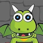 Zelený kreslený drak s modrýma očima a bílými rohy stojí před šedou kamennou zdí