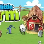Kreslená farma s červenou stodolou, ovcí, dřevěnými květináči, pumpou a veselým farmářem na zeleném trávníku