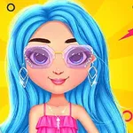 Dívka s modrými vlasy a fialovými brýlemi na žlutém pozadí s barevnými vzory