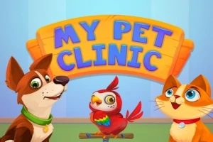 Pes, papoušek a kočka stojí pod nápisem My Pet Clinic