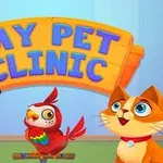 Pes, papoušek a kočka stojí pod nápisem My Pet Clinic