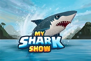 Žralok vyskočil z vody mezi horami s nápisem My Shark Show v popředí