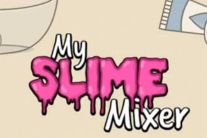 Nápis My Slime Mixer s růžovým textem na béžovém pozadí, vedle misky a krabičky
