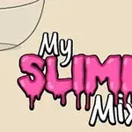 Nápis My Slime Mixer s růžovým textem na béžovém pozadí, vedle misky a krabičky