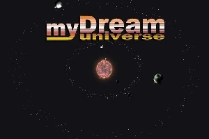 Text myDream universe na černém pozadí s planetami obíhajícími kolem středu