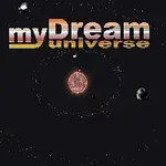 Text myDream universe na černém pozadí s planetami obíhajícími kolem středu