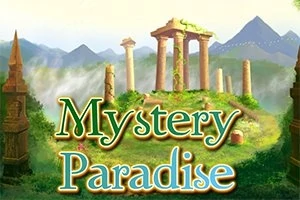 Zříceniny starověkých sloupů uprostřed zelené krajiny s horami v pozadí a nápis Mystery Paradise