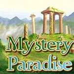 Zříceniny starověkých sloupů uprostřed zelené krajiny s horami v pozadí a nápis Mystery Paradise