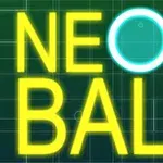Žlutý nápis NEON BALL s modrým neonovým kruhem na tmavě zeleném mřížkovaném pozadí