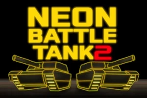 Dva neonově žluté tanky s nápisem NEON BATTLE TANK 2 na černém pozadí