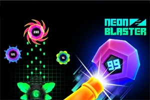 Barevná neonová grafika s čísly na kruhových objektech a svítící blaster v pravém dolním rohu