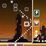 Silueta průmyslového města na pozadí s geometrickými tvary a bílými tečkovanými čarami v popředí