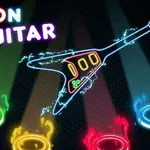Neonová elektrická kytara s barevnými kruhy a slovy NEON GUITAR na tmavém pozadí