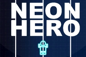 Text NEON HERO na tmavém pozadí s neonovou postavou pod ním