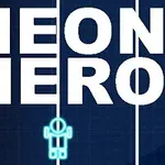 Text NEON HERO na tmavém pozadí s neonovou postavou pod ním