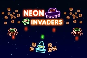 Barevná neonová grafika s nápisem NEON INVADERS, vesmírnými loděmi a geometrickými tvary na tmavém pozadí
