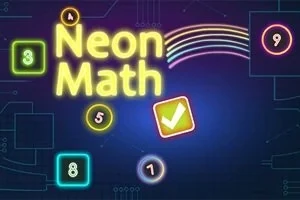Neonové číslice a symboly v různých barvách na tmavě modrém pozadí s duhovým obloukem a nápisem Neon Math