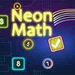 Neonové číslice a symboly v různých barvách na tmavě modrém pozadí s duhovým obloukem a nápisem Neon Math
