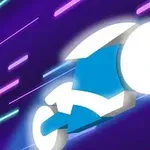 Modrý futuristický motocykl na fialovém pozadí s barevnými světelnými pruhy