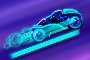Futuristická motorka v neonových barvách s digitálními efekty na fialovém pozadí